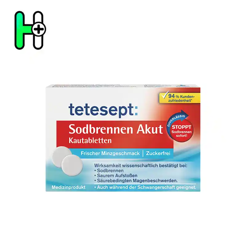 Tetesept Sodburnen Akut Kautabletten یک داروی پزشکی مؤثر برای تسکین فوری سوزش معده، برگشت اسید و ناراحتی‌های گوارشی ناشی از اسید معده است
