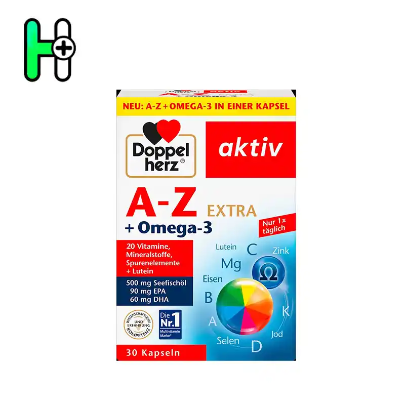 مولتی‌ویتامین و مینرال با امگا 3Doppelherz aktiv A-Z + Omega-3 EXTRAاین مکمل یک فرمولاسیون کامل و همه‌جانبه از 20 ویتامین، مواد معدنی، عناصر کمیاب، امگا-3 و لوتئین است.