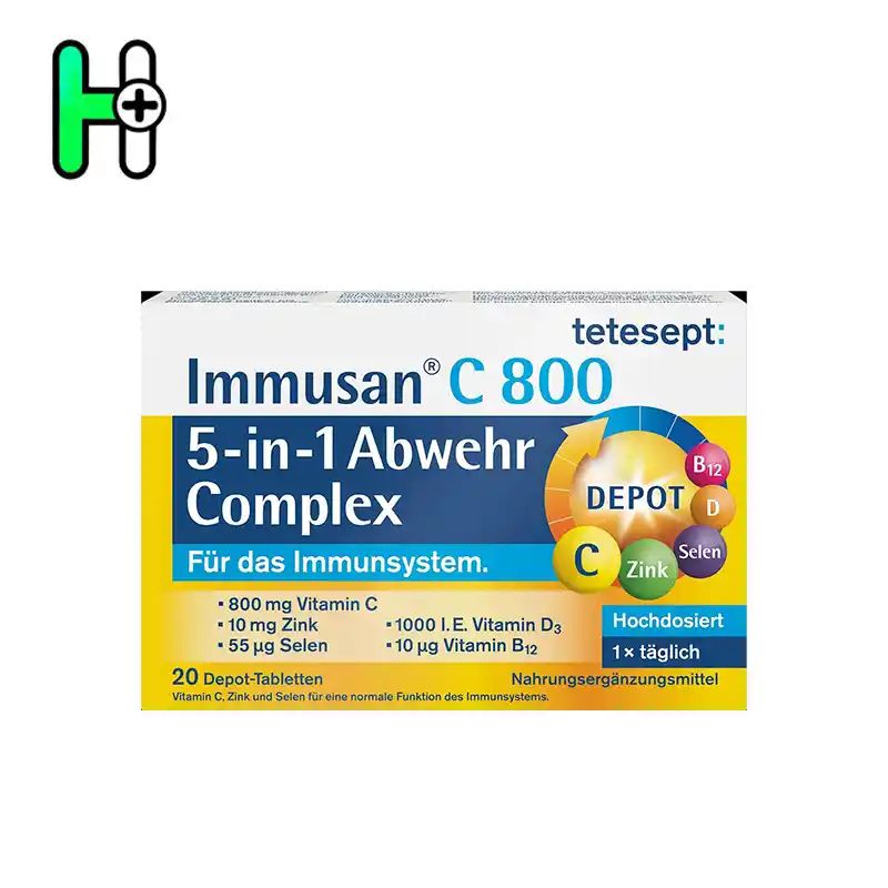 Immusan C 800 از برند آلمانی معتبر tetesept یک مکمل پیشرفته برای تقویت سیستم ایمنی بدن است. این ترکیب ویژه 5 در 1، شامل ویتامین C، ویتامین D، ویتامین B12، زینک (روی) و سلنیوم است