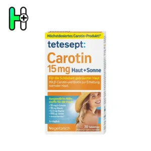 مکمل Carotin 15 mg Haut + Sonne از برند آلمانی Tetesept یک محصول پیشرفته برای تقویت سلامت و زیبایی پوست، به‌ویژه در برابر نور خورشید است