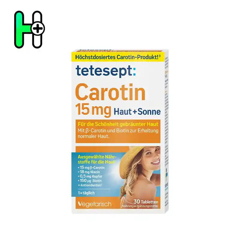 مکمل Carotin 15 mg Haut + Sonne از برند آلمانی Tetesept یک محصول پیشرفته برای تقویت سلامت و زیبایی پوست، به‌ویژه در برابر نور خورشید است