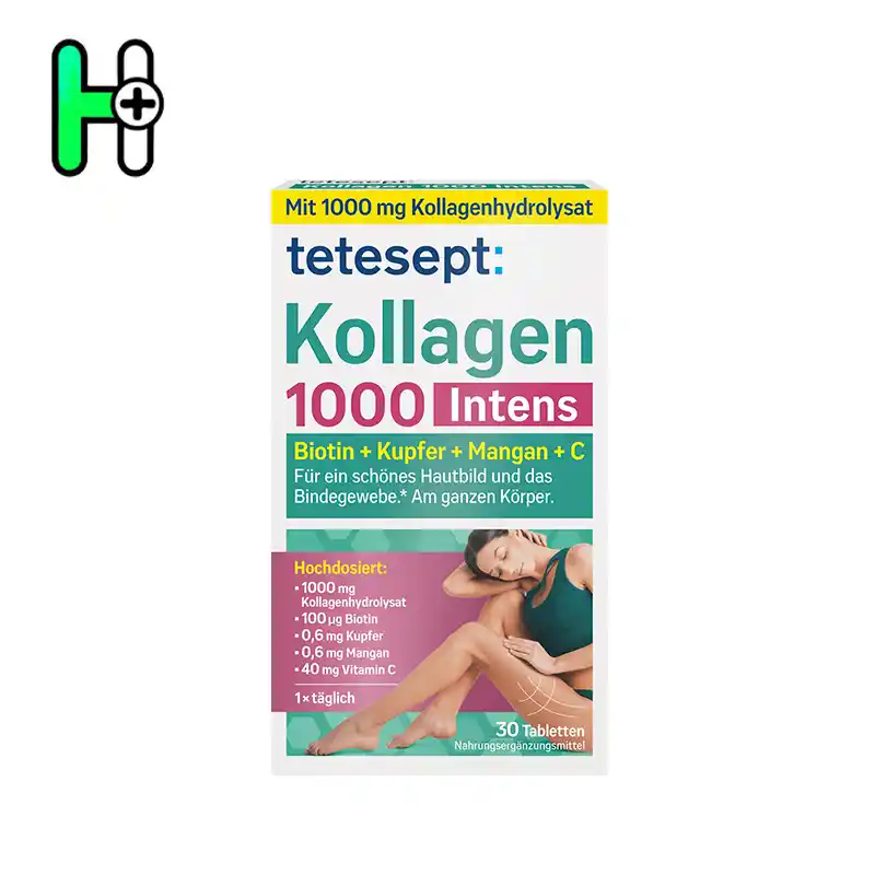 کلاژن Kollagen 1000 Intens از برند معتبر Tetesept با دوز بالای کلاژن و ترکیبات ضروری مانند بیوتین، مس، منگنز و ویتامین C طراحی شده است