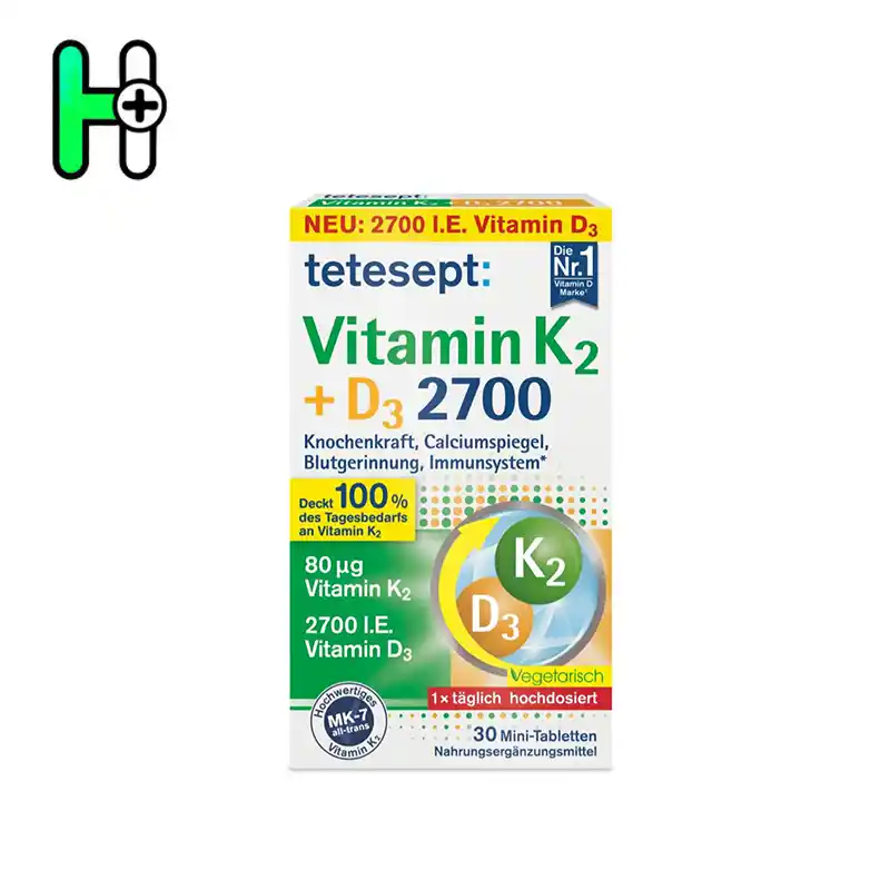 مکمل Tetesept Vitamin K2 + D3 2700 ترکیبی قدرتمند از ویتامین‌های حیاتی برای سلامت استخوان‌ها، سیستم ایمنی و گردش خون است.