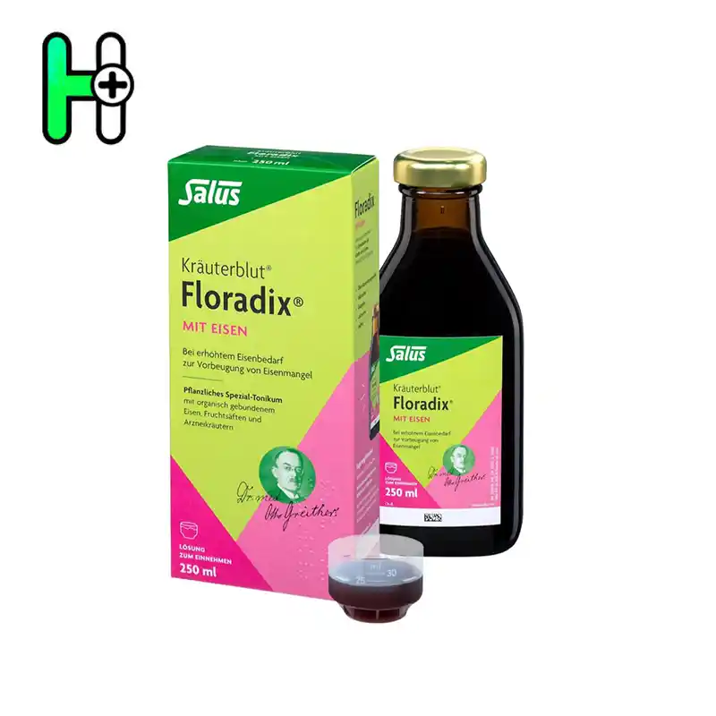 Floradix mit Eisen مکمل گیاهی با فرمول خاص از ترکیب آهن ارگانیک، عصاره میوه‌ها و گیاهان دارویی