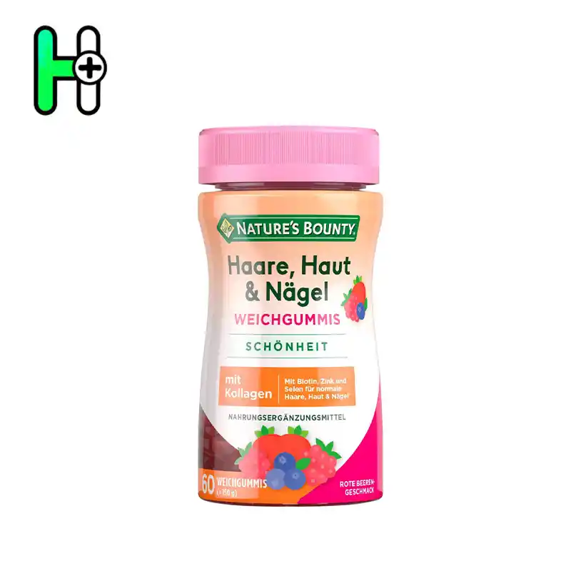 Nature’s Bounty Haare, Haut & Nägel یک مکمل پاستیلی با طعم دلپذیر توت قرمز است که حاوی ترکیبی مؤثر از بیوتین، زینک، سلنیوم و کلاژن می‌باشد.