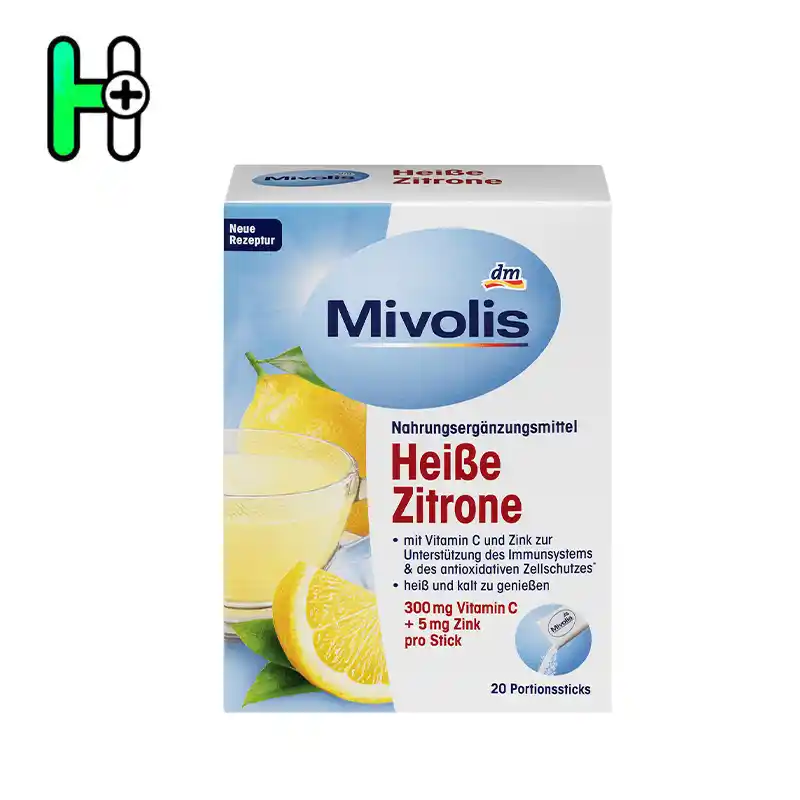 Mivolis Heiße Zitrone یک مکمل غذایی خوش‌طعم و مفید با ترکیب ویتامین C و زینک است که به تقویت سیستم ایمنی، محافظت از سلول‌ها در برابر استرس اکسیداتیو و کاهش علائم خستگی کمک می‌کند