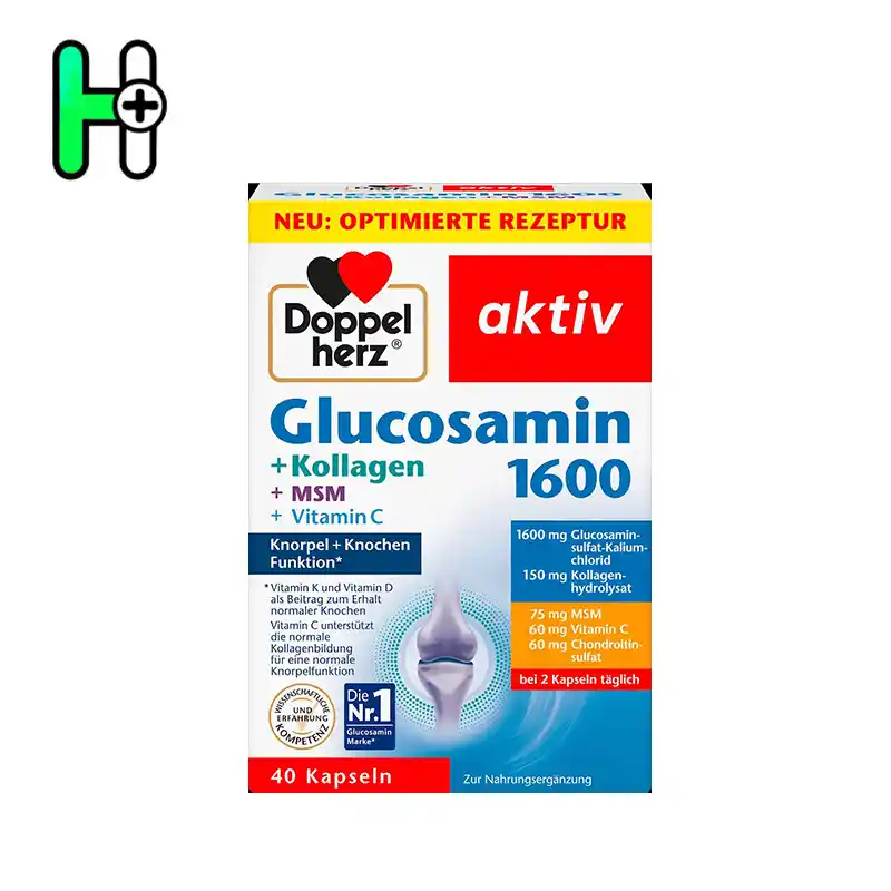 Doppelherz Glucosamin 1600 یک مکمل تخصصی برای سلامت مفاصل و استخوان‌ها است. این محصول با ترکیبی غنی از گلوکزامین، کلاژن، MSM، کندرویتین و ویتامین‌ها طراحی شده تا از ساختار مفاصل، انعطاف‌پذیری، کاهش درد و حفظ عملکرد طبیعی غضروف‌ها پشتیبانی کند.